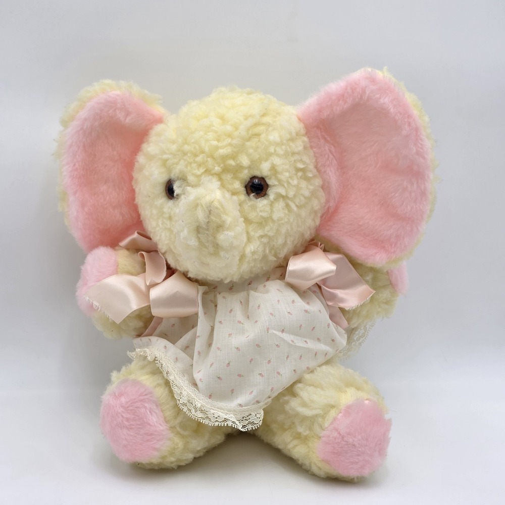 Vintage Bantam Yellow Pink Elephant  Plush Chime Rattle Rare Stuffed‎ Animal